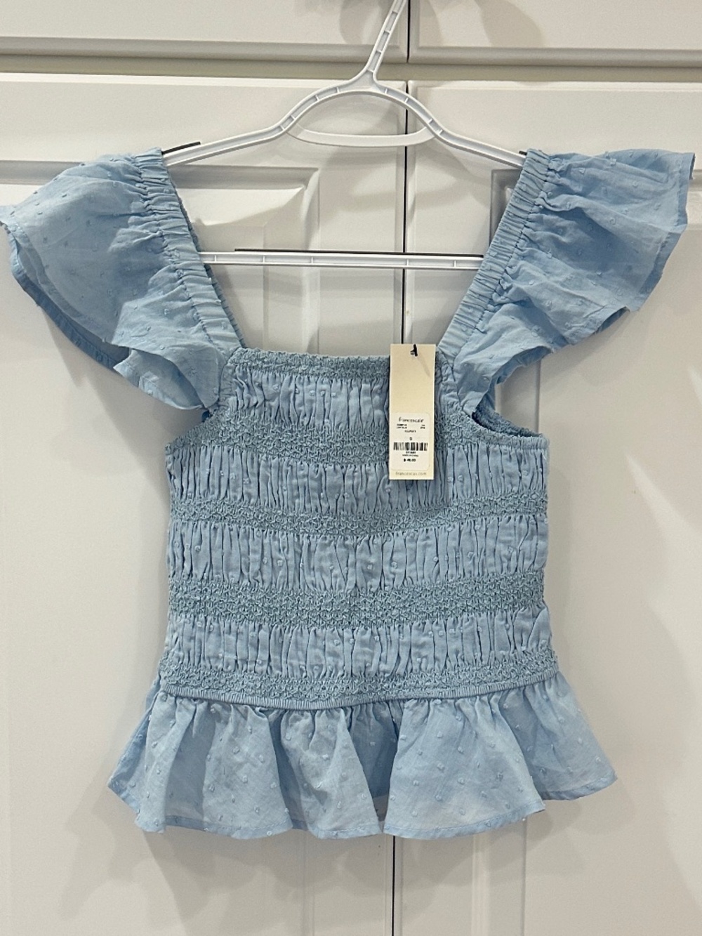NWT Powder Blue Smocked Ruffled Sleeveless Cropped Swiss Dot Top - Size S